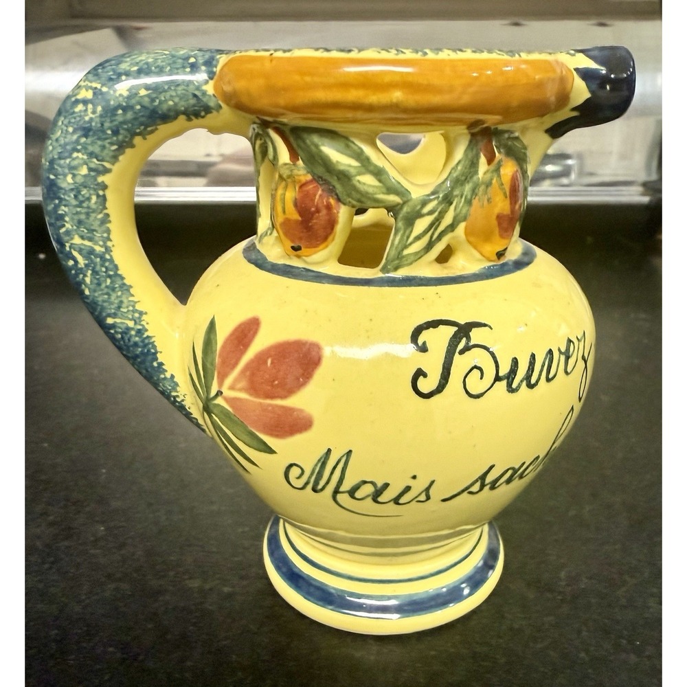 Henriot Quimper France 704 Puzzle Trick Jug Hand Painted Breton Proverb Vtg